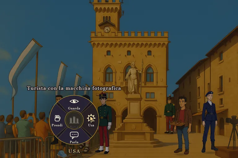 Sasha, nella divisa della Guardia di Rocca, in Piazza della Libertà davanti al Palazzo Pubblico. Sul turista accanto a lui è aperta la moneta dei verbi: Guarda, Prendi, Usa, Parla.